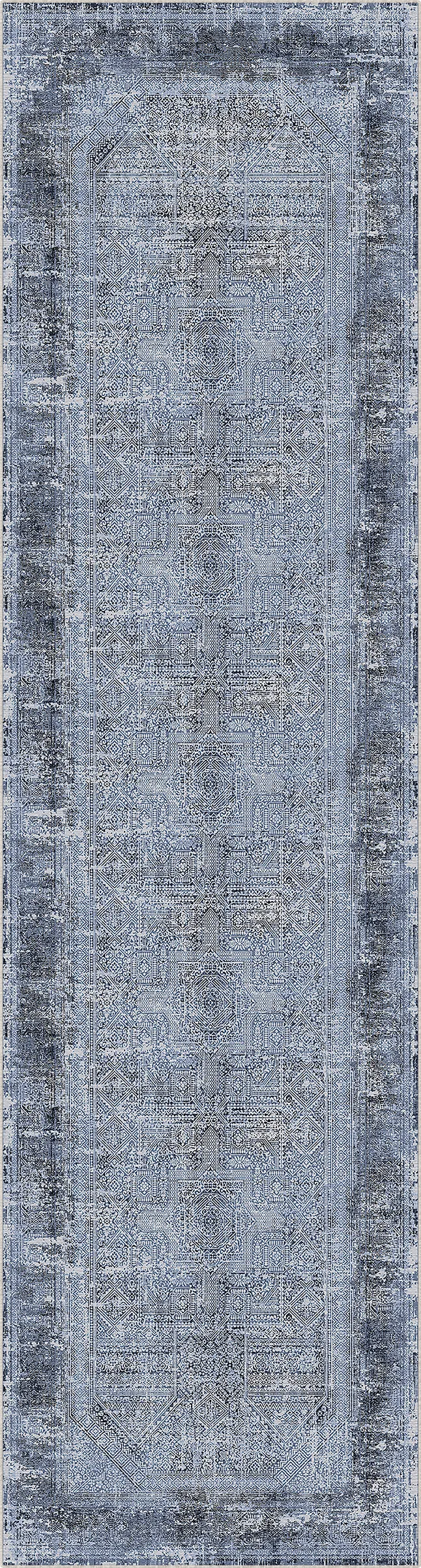 Rectangular rug with a textured pattern in shades of blue and gray on a plain background
