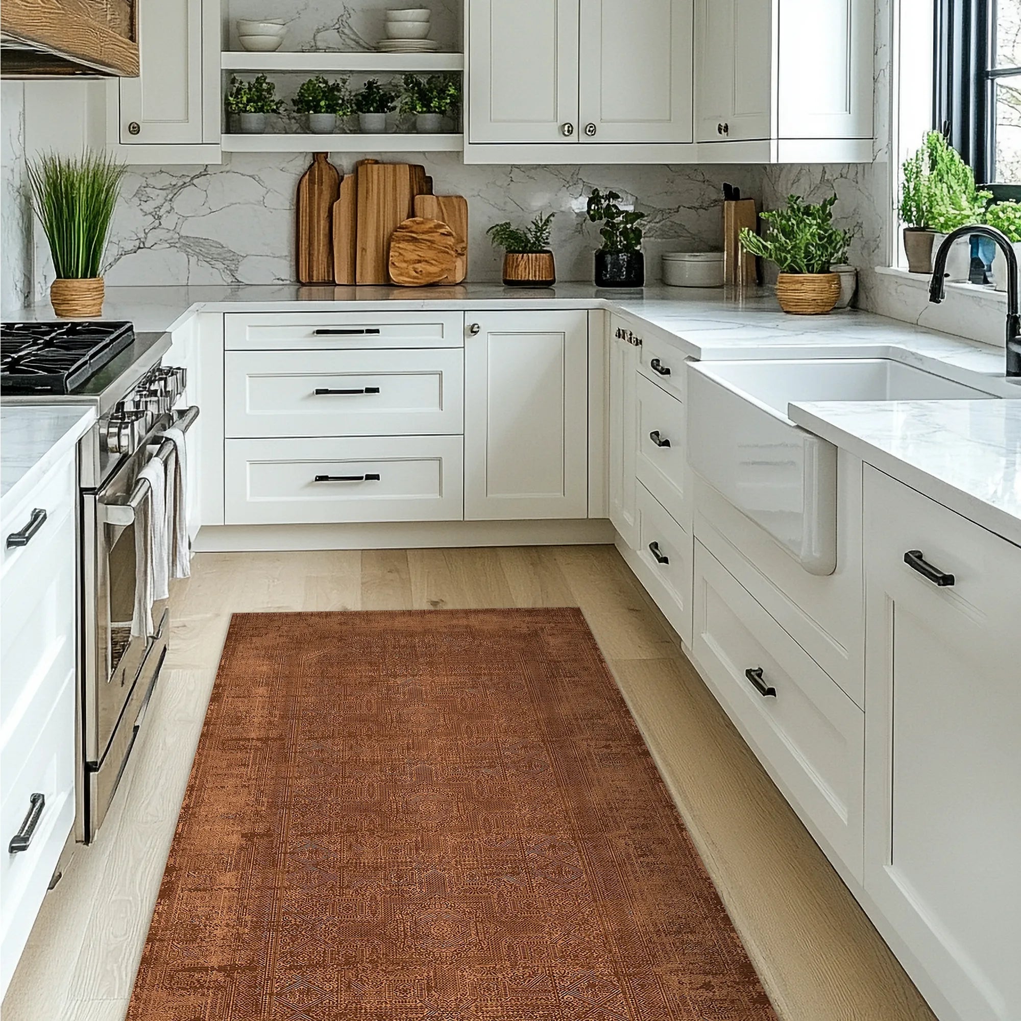 Modern kitchen with white cabinets, marble countertop, and a brown rug on the floor.