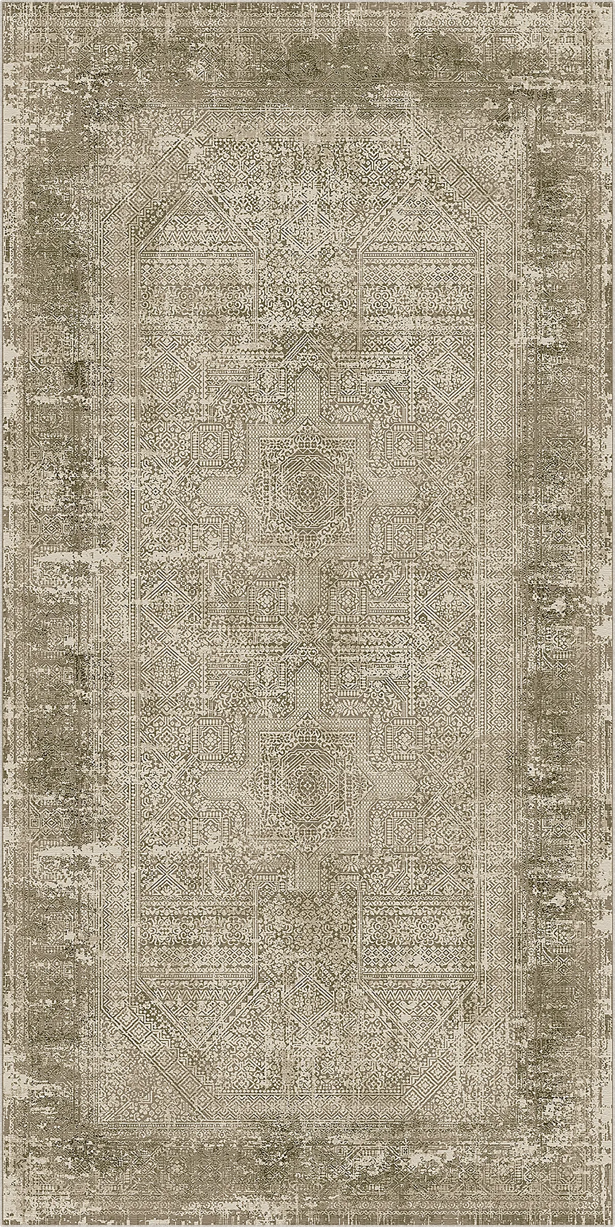 Patterned rug with geometric design in shades of brown and beige