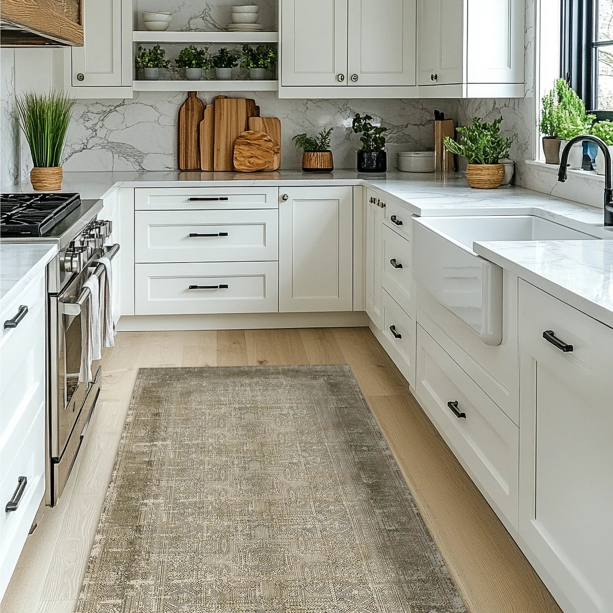 Modern kitchen with white cabinets, marble countertop, and patterned rug on wooden floor.