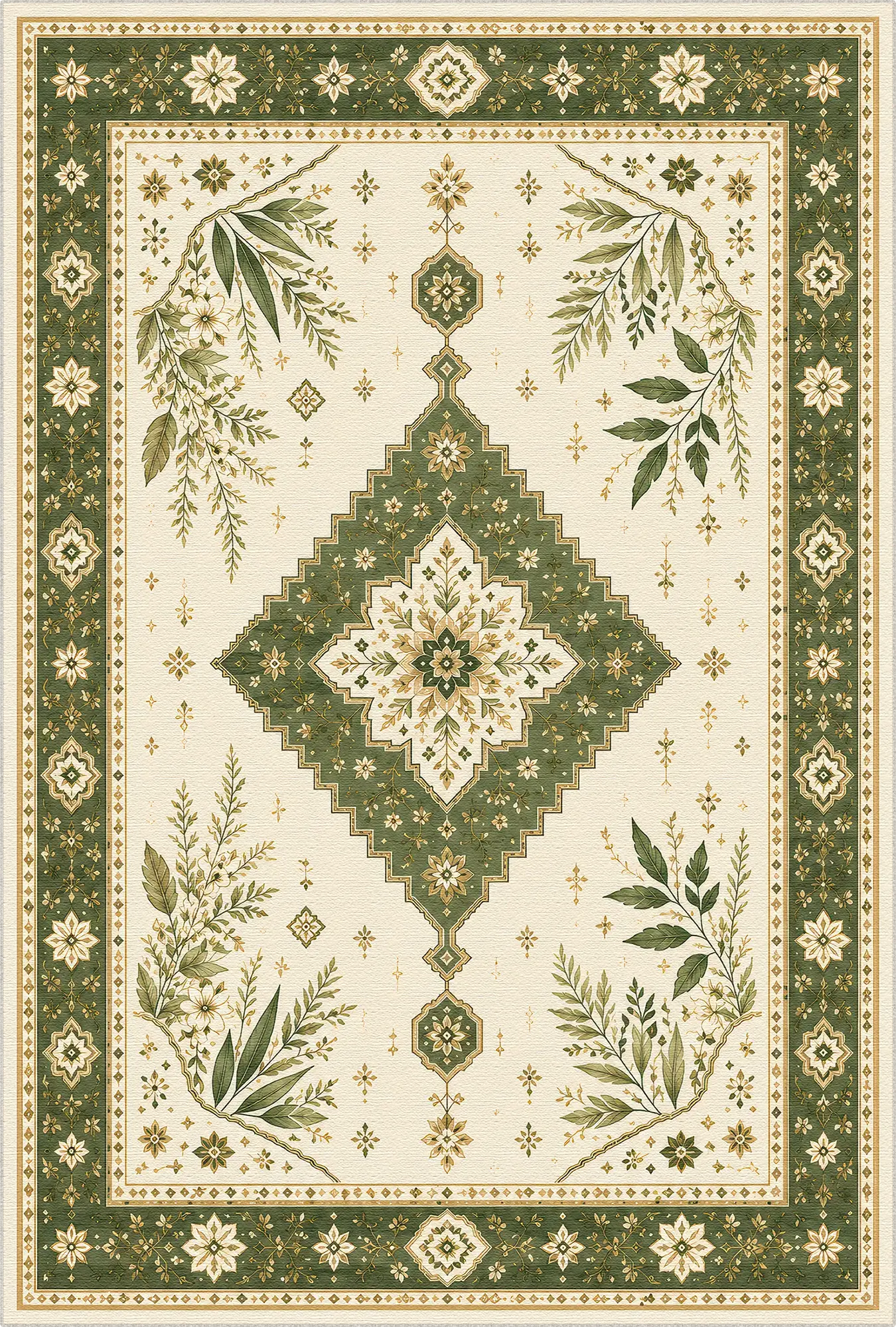 Decorative rug with green and beige geometric pattern and leaf designs