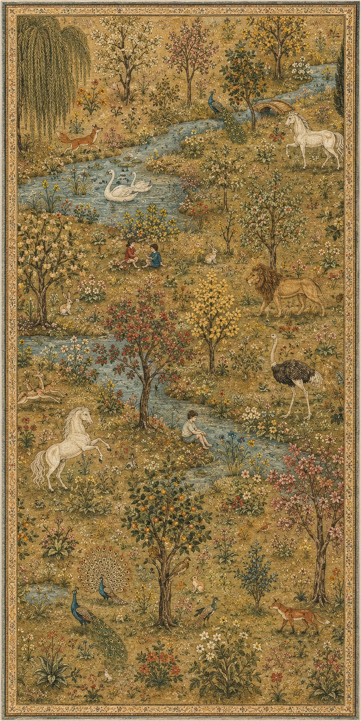 A stylish rug with pastoral landscape with animals, trees, and a winding river, finished with an ornate floral border.
