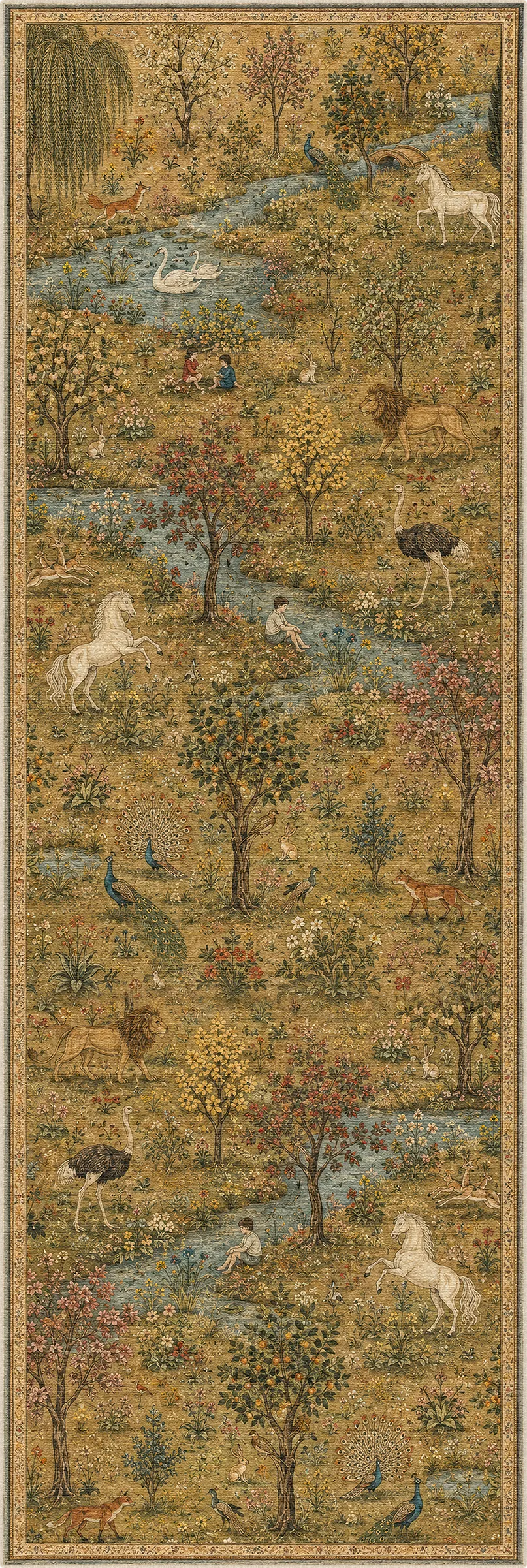 A narrow, vertically oriented rug showing a detailed pastoral landscape with trees, winding blue streams, small figures, and several white horses or deer on a warm gold and brown ground.