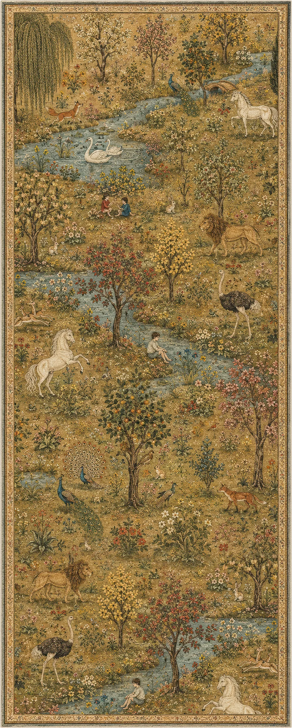 A detailed needlepoint rug featuring a whimsical forest scene with a winding blue river, swans, deer, lions, peacocks, and various animals in a detailed, vintage-style tapestry design.