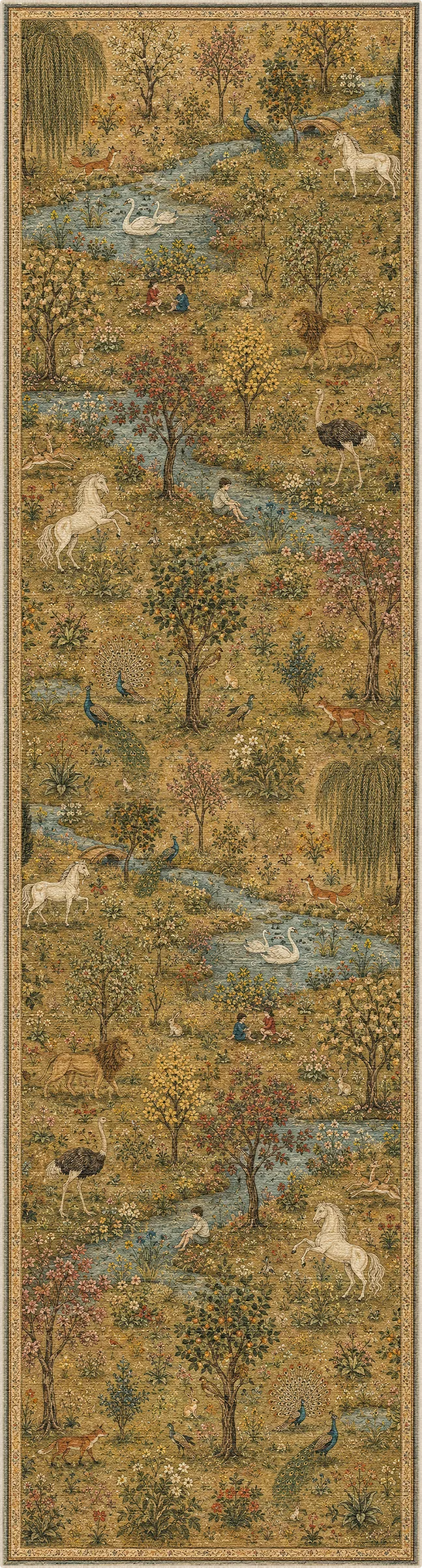 A narrow rug featuring a detailed pastoral landscape scene with trees, a winding blue stream, and several white deer on a warm beige and brown ground.