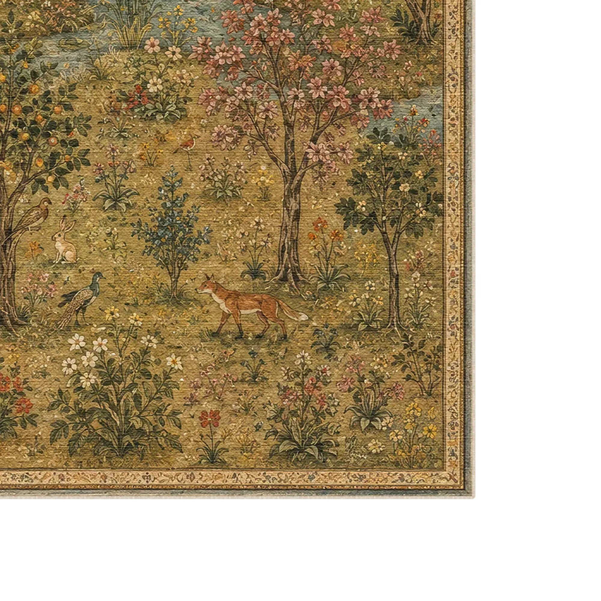 A close-up of a rug floral and woodland scene with trees, flowers, birds, and a fox, bordered by an ornate patterned edge on a white background.