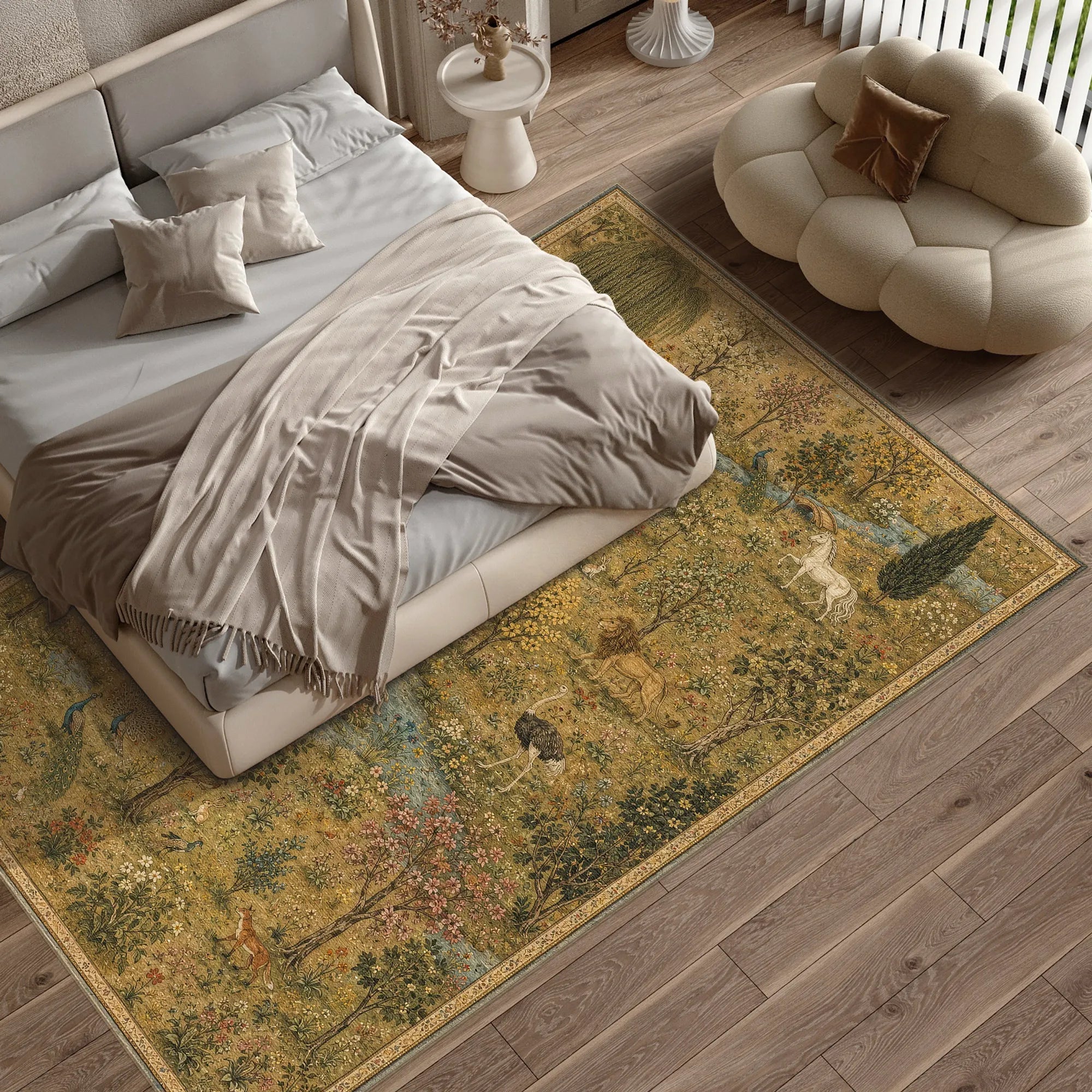 A large rectangular area rug with a vintage-style botanical and animal print in muted yellow, green, and brown tones, styled on a wood floor around a bed and a cloud-shaped pouf in a bedroom setting.