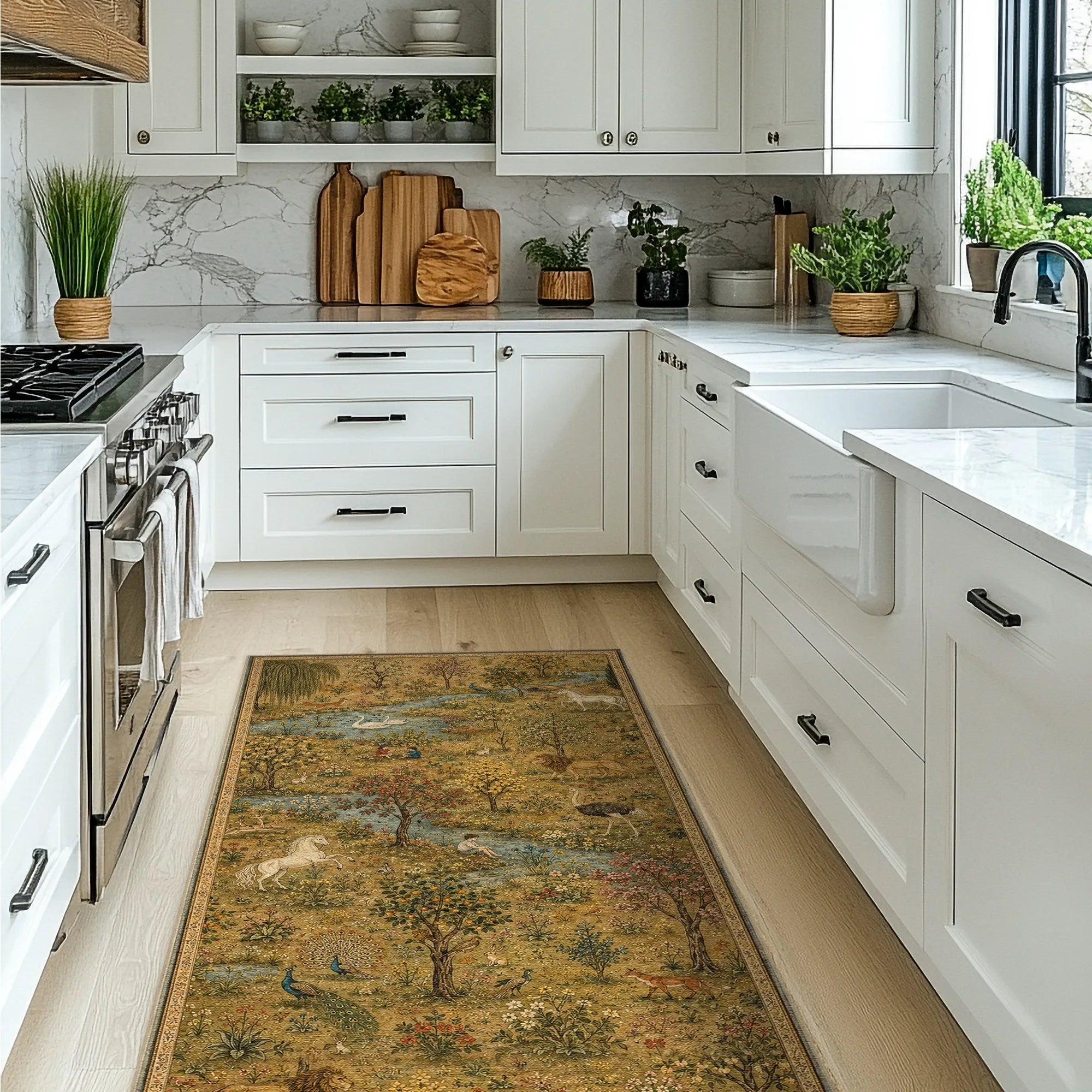 A rectangular area rug with a detailed landscape print in earthy tones, styled on a light wood floor in a bright, modern white kitchen.