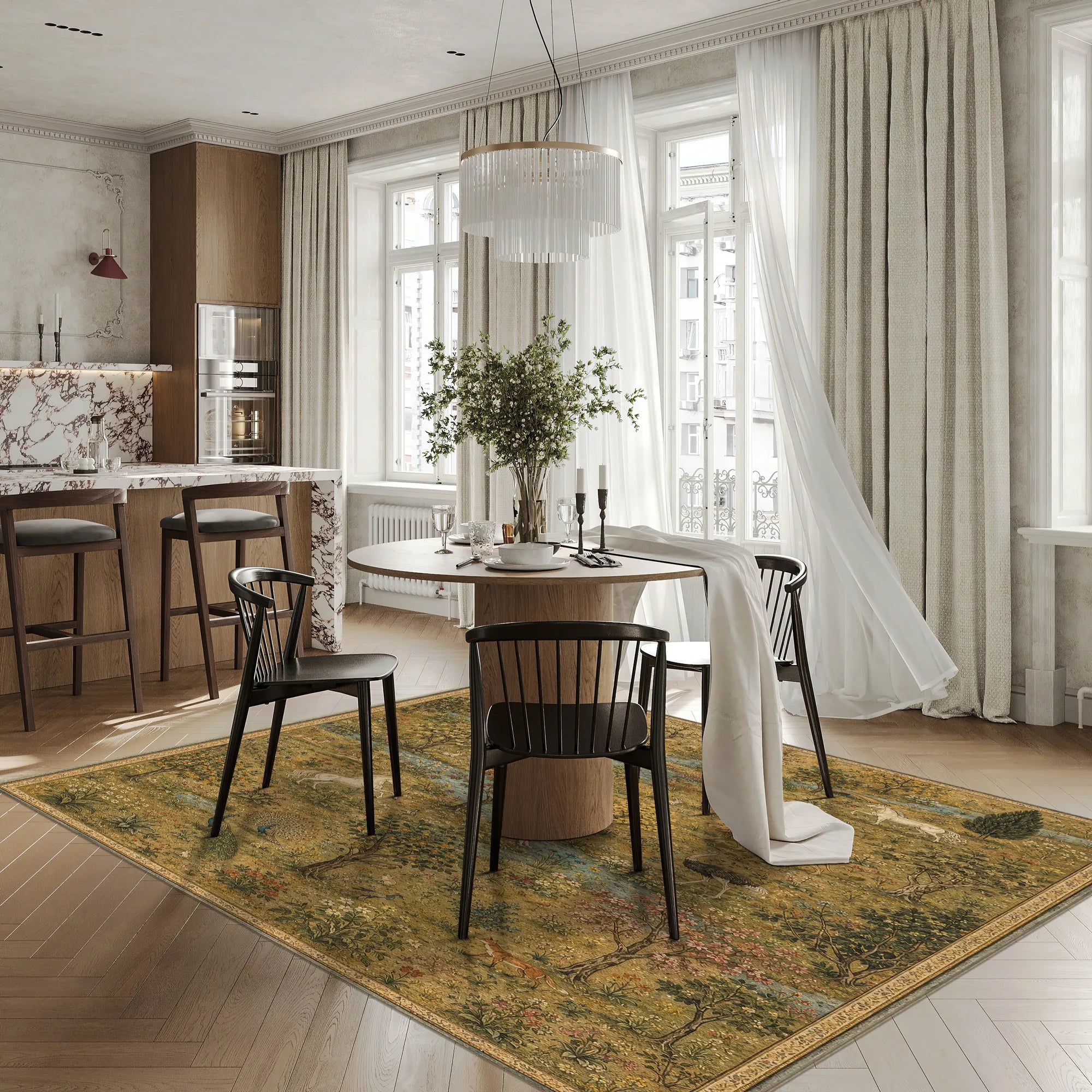 A large rectangular area rug with an abstract vintage-style pattern in olive green, mustard, and tan, styled in a bright, modern dining room with a round wooden table, black chairs, and white drapes.