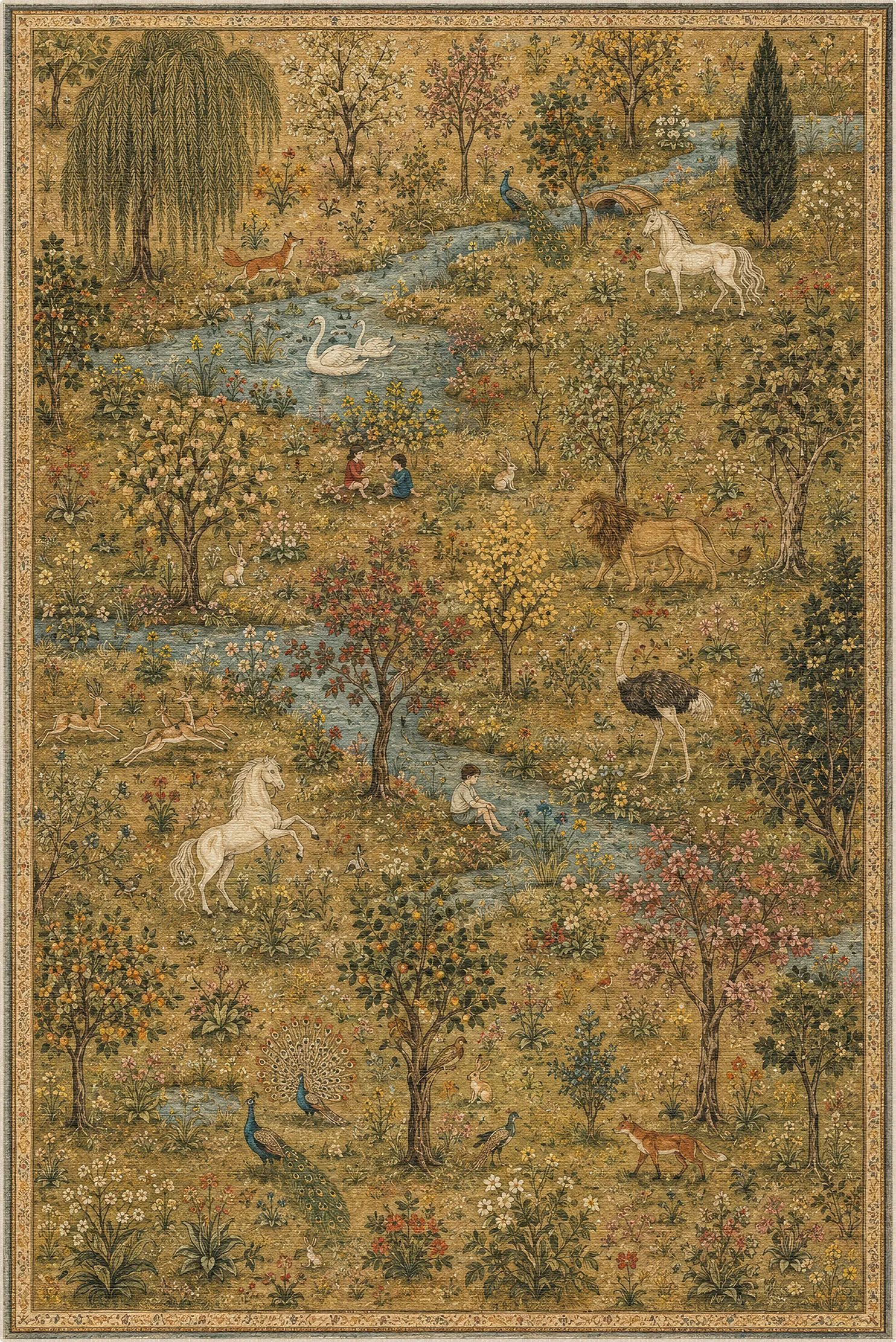 A detailed rug featuring a lush, pastoral landscape with animals, trees, a river, and figures, bordered by a decorative patterned edge.
