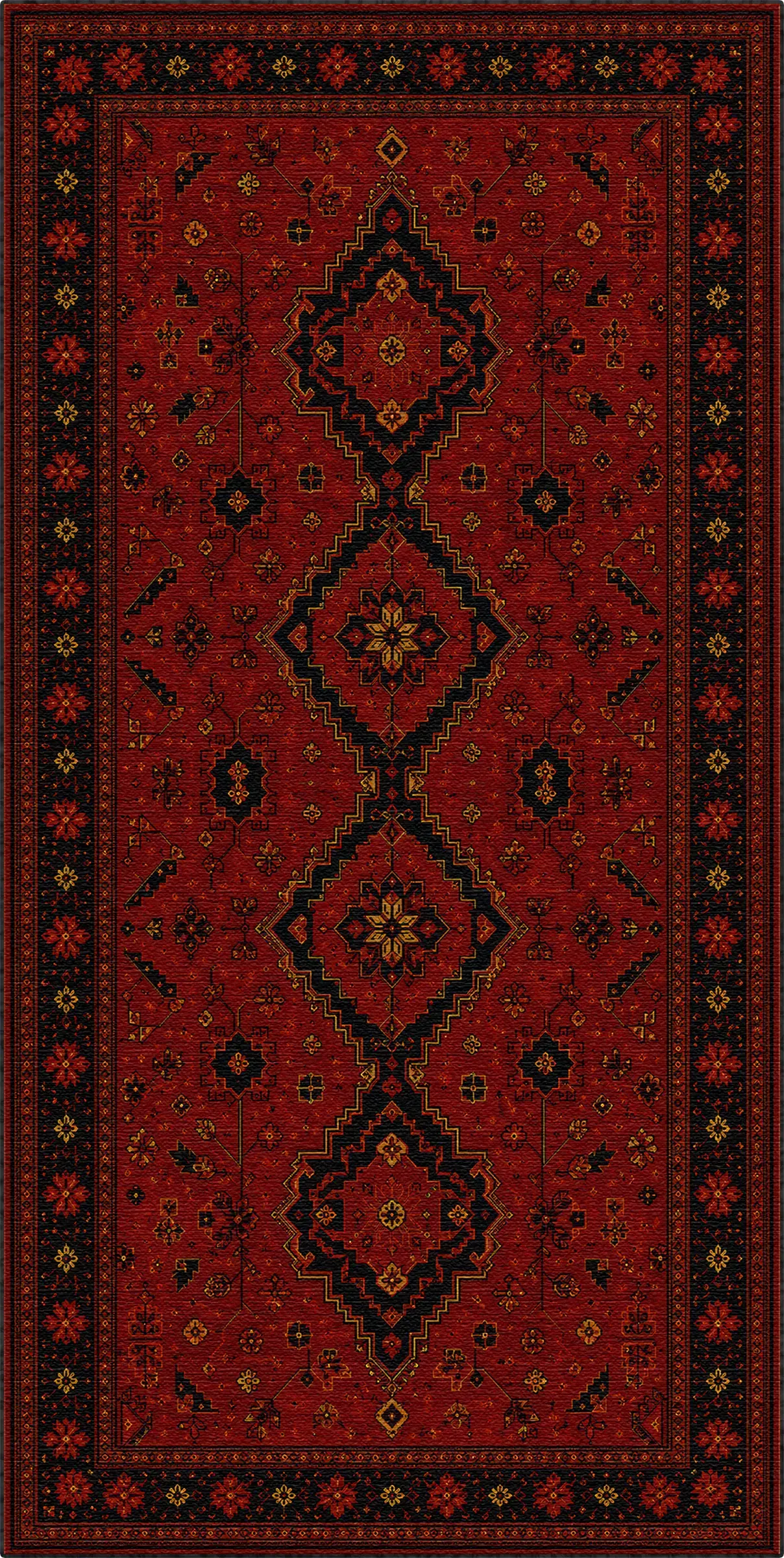 A traditional oriental-style area rug with a deep red field, featuring three large vertical diamond medallions in black, red, and gold, surrounded by a dark patterned border.
