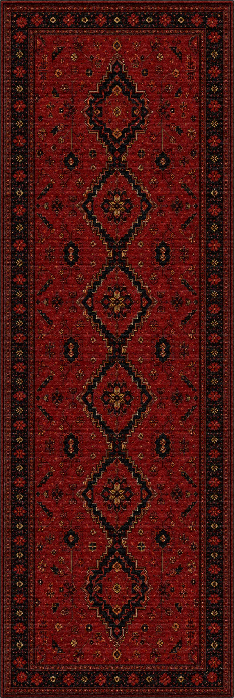 A traditional oriental-style runner rug with a deep red field, featuring a vertical central diamond motif and a dark border.
