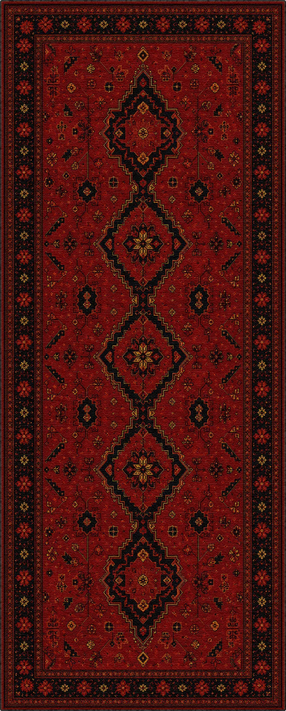 A traditional oriental-style runner rug with a deep red field, featuring a vertical row of large dark diamond medallions and a patterned border.
