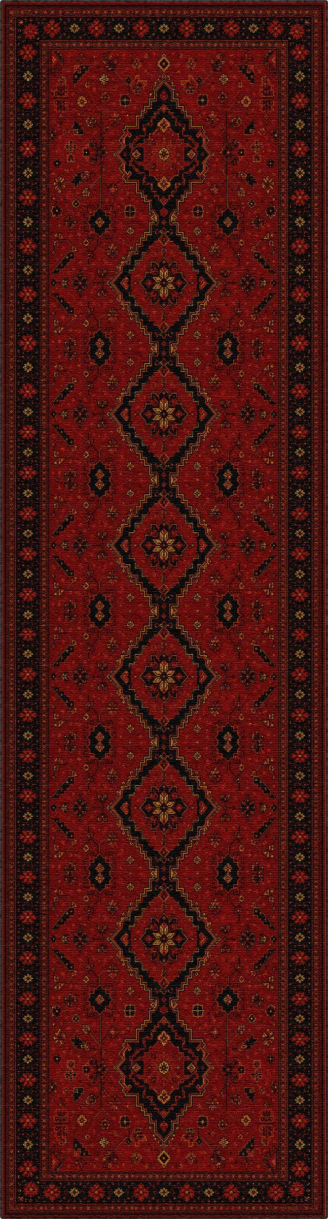 A traditional runner rug with a deep red background, featuring a vertical central diamond motif in black and dark brown, surrounded by a patterned border.