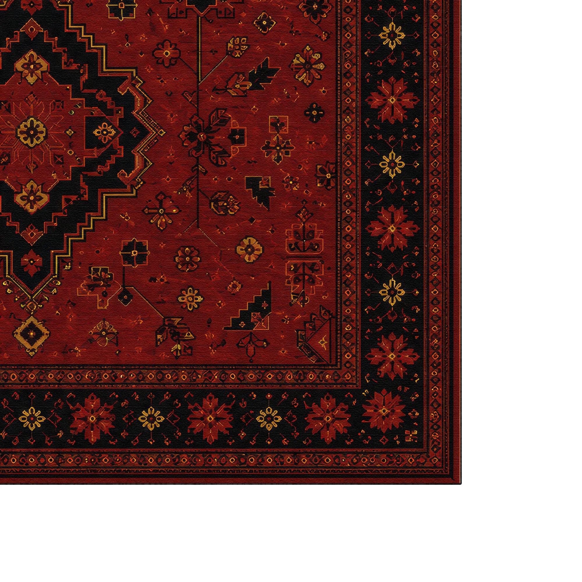 A close-up corner view of a traditional oriental-style rug with a deep red field, black borders, and gold and red floral motifs.