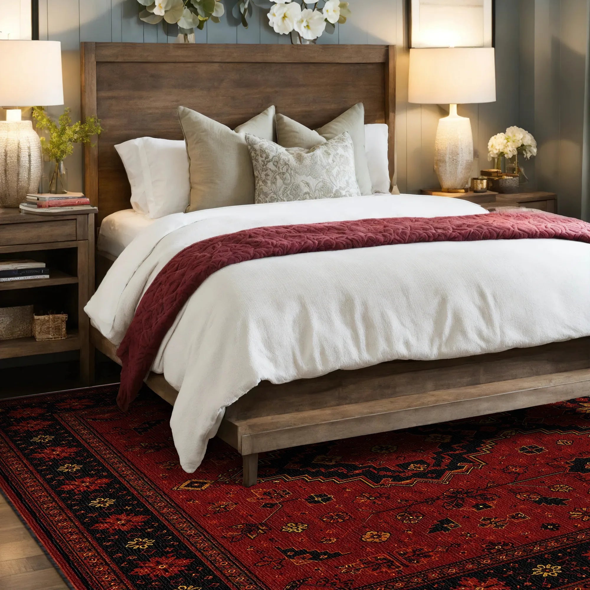 A rustic wooden bed frame styled with white bedding, beige pillows, and a dark red throw blanket, set in a bedroom with a red patterned area rug, bedside tables, and lamps.