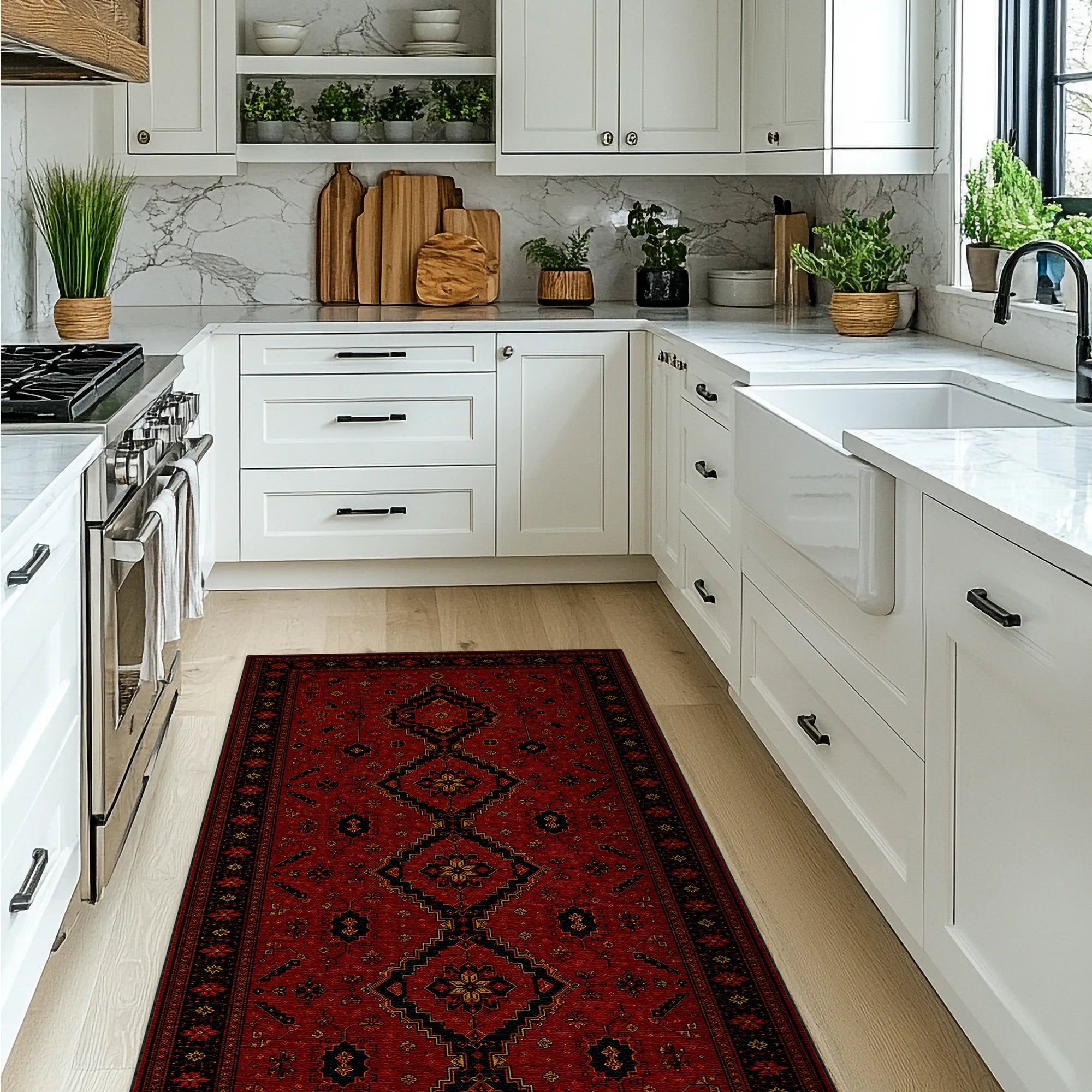 A red and black patterned runner rug is displayed on a light wood floor in a bright, modern white kitchen.
