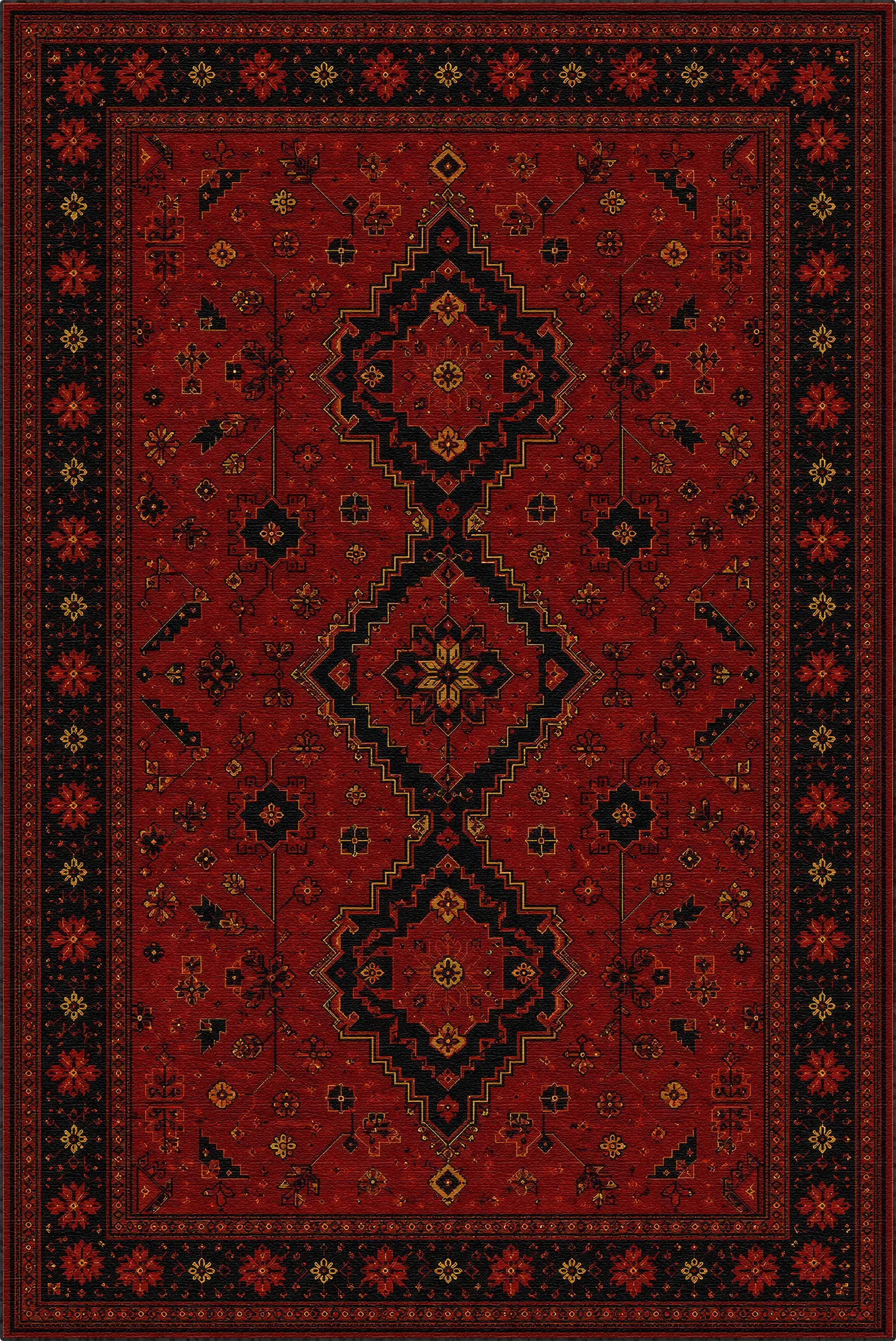 A traditional oriental-style area rug with a deep red field, featuring large central diamond medallions and intricate floral motifs in black, dark brown, and beige.