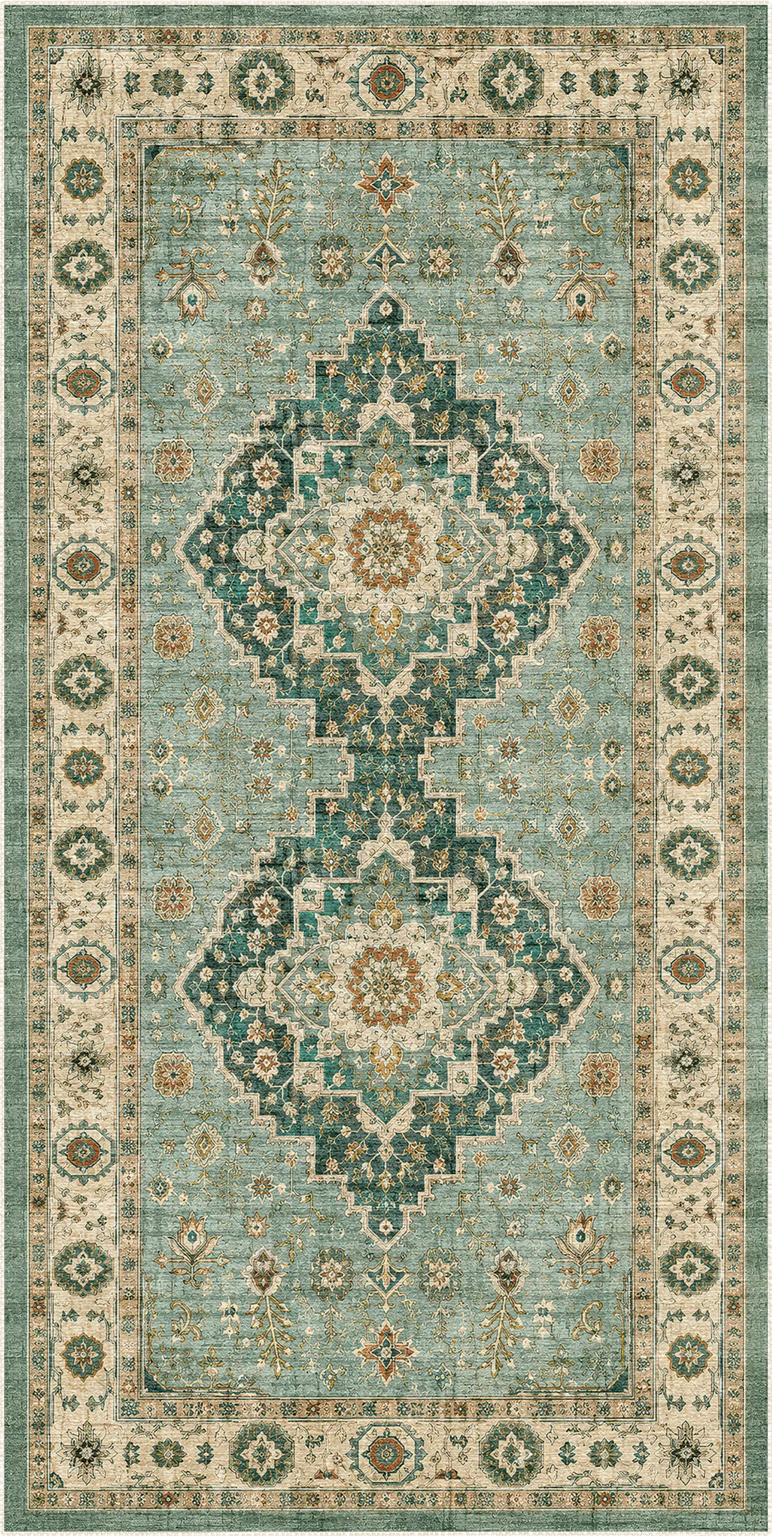 Vintage Sage Green Oriental Medallion Rug
