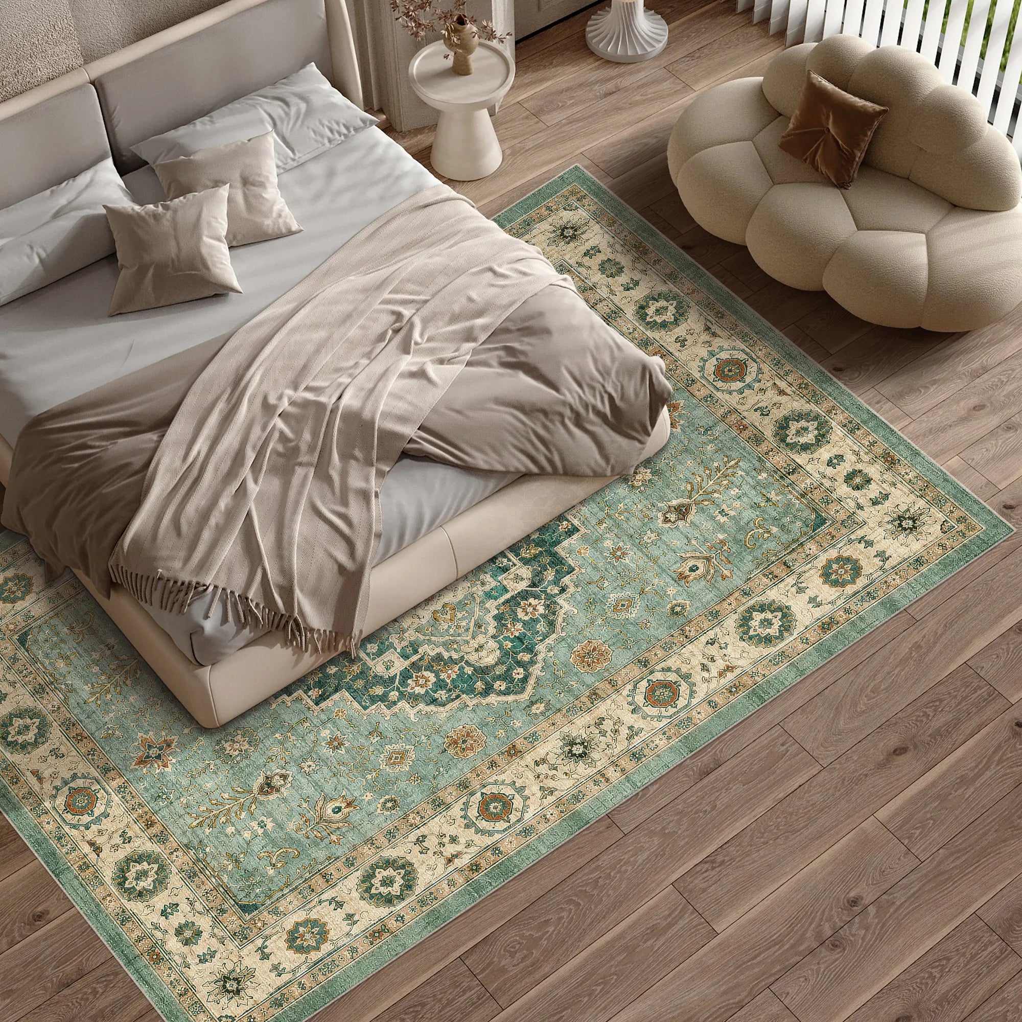 Vintage Sage Green Oriental Medallion Rug