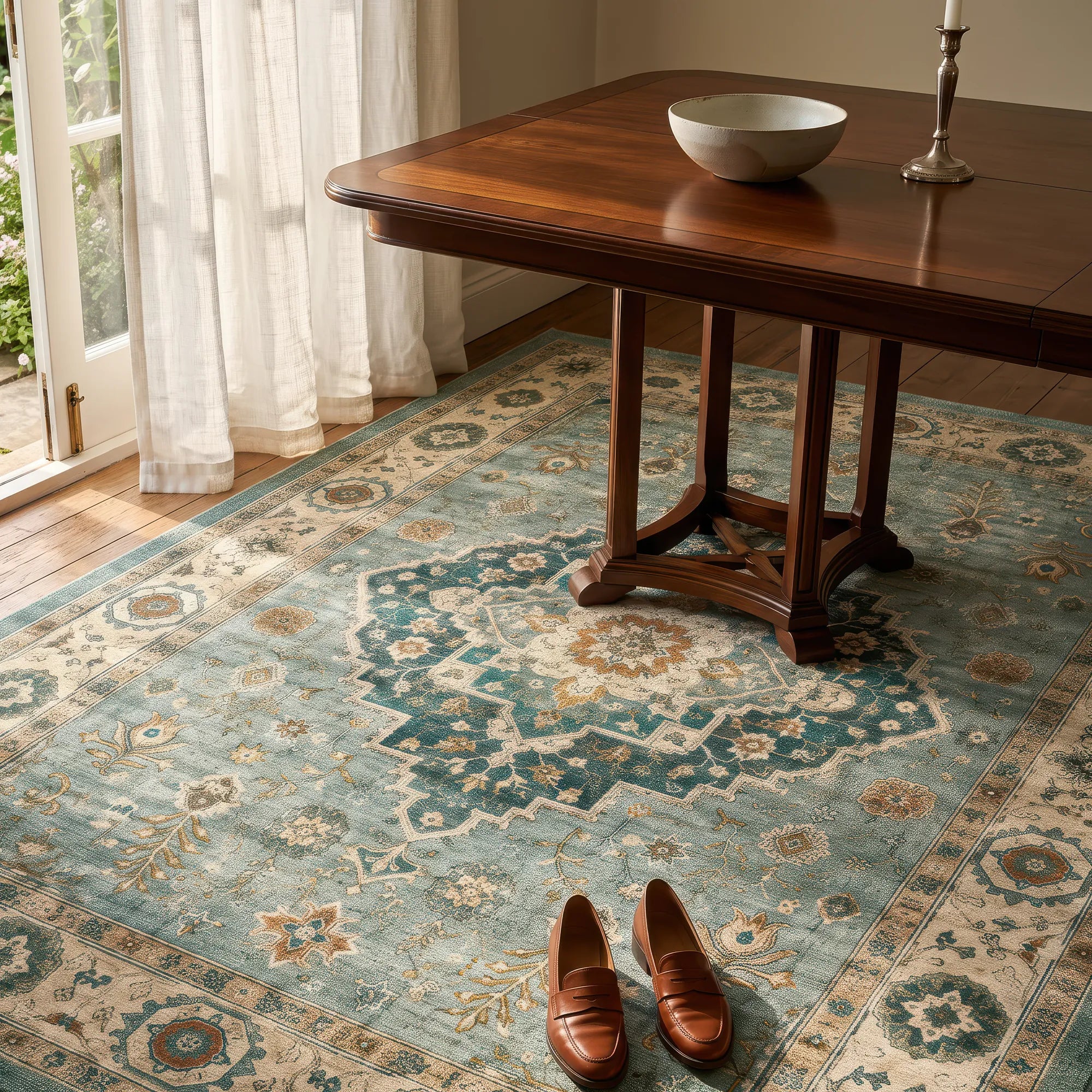 Vintage Sage Green Oriental Medallion Rug
