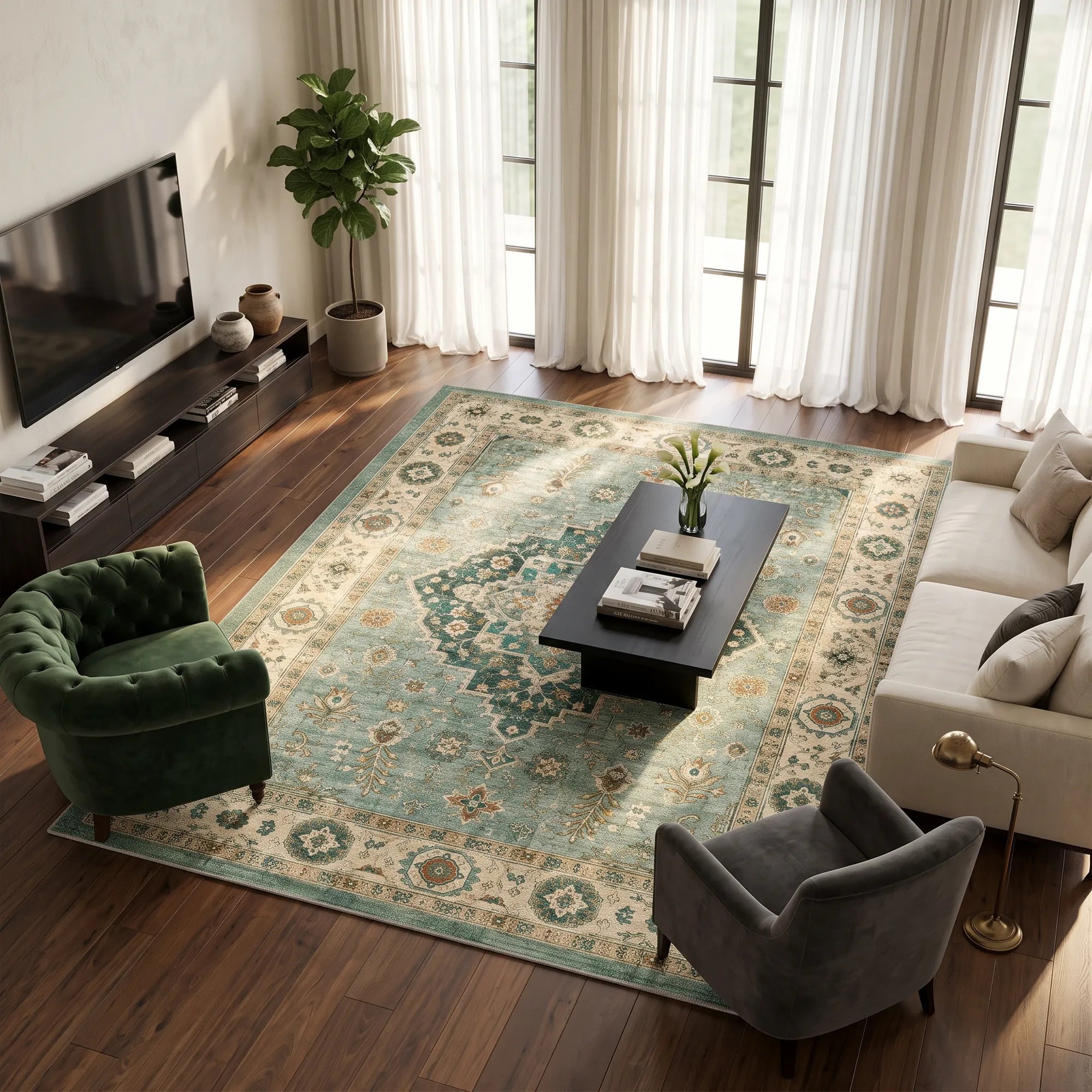 Vintage Sage Green Oriental Medallion Rug