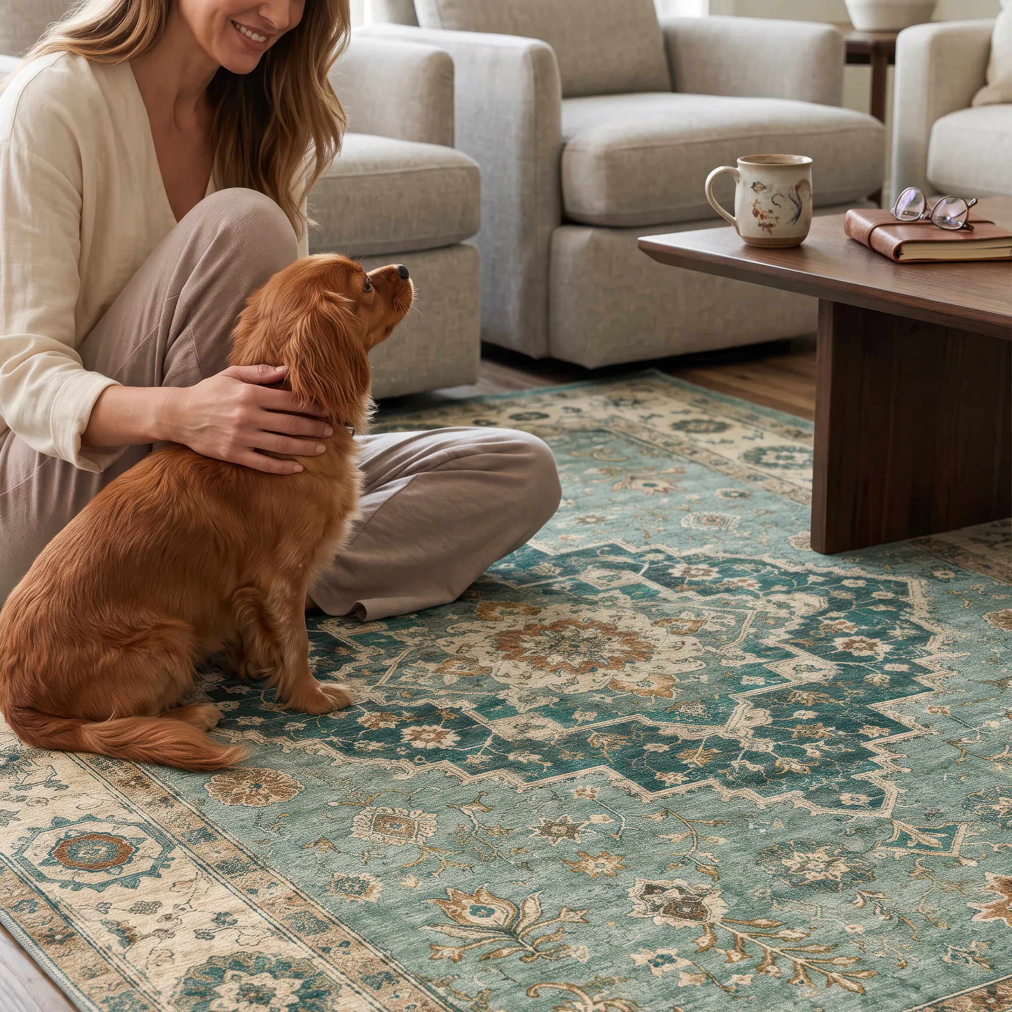 Vintage Sage Green Oriental Medallion Rug