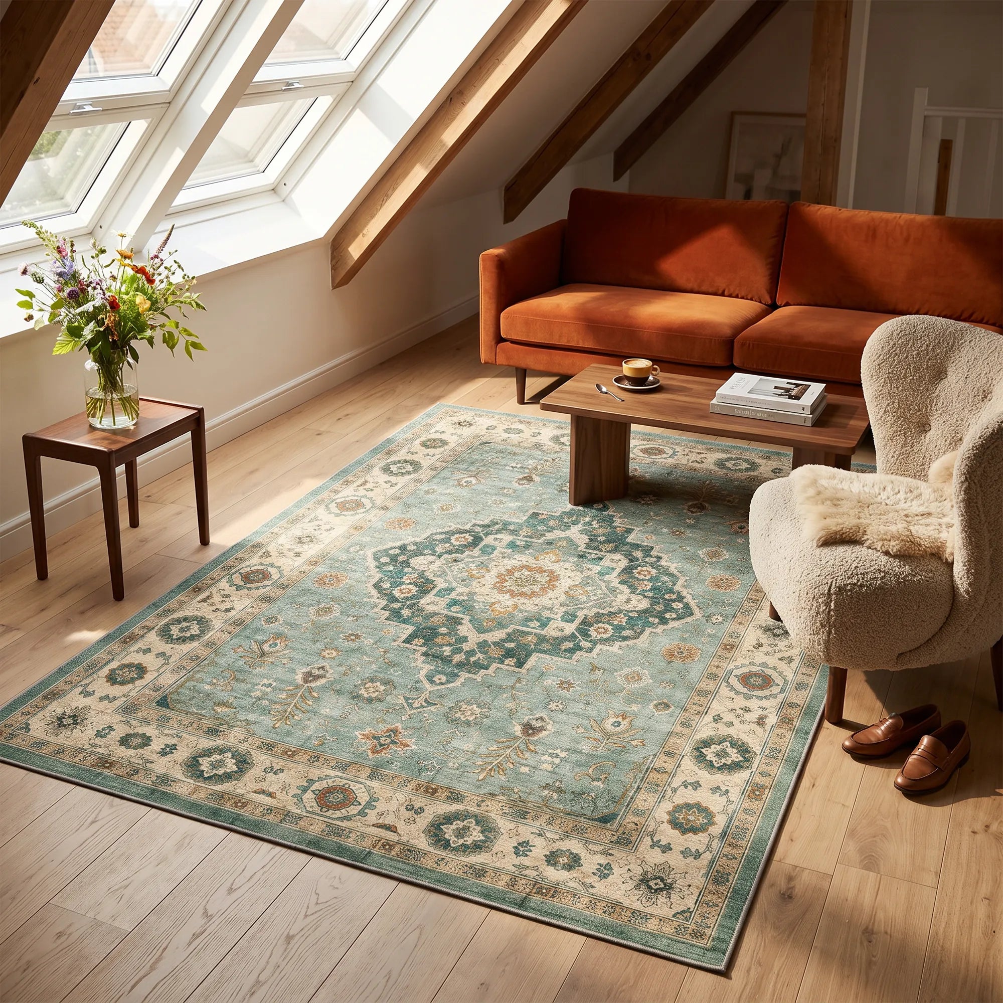 Vintage Sage Green Oriental Medallion Rug