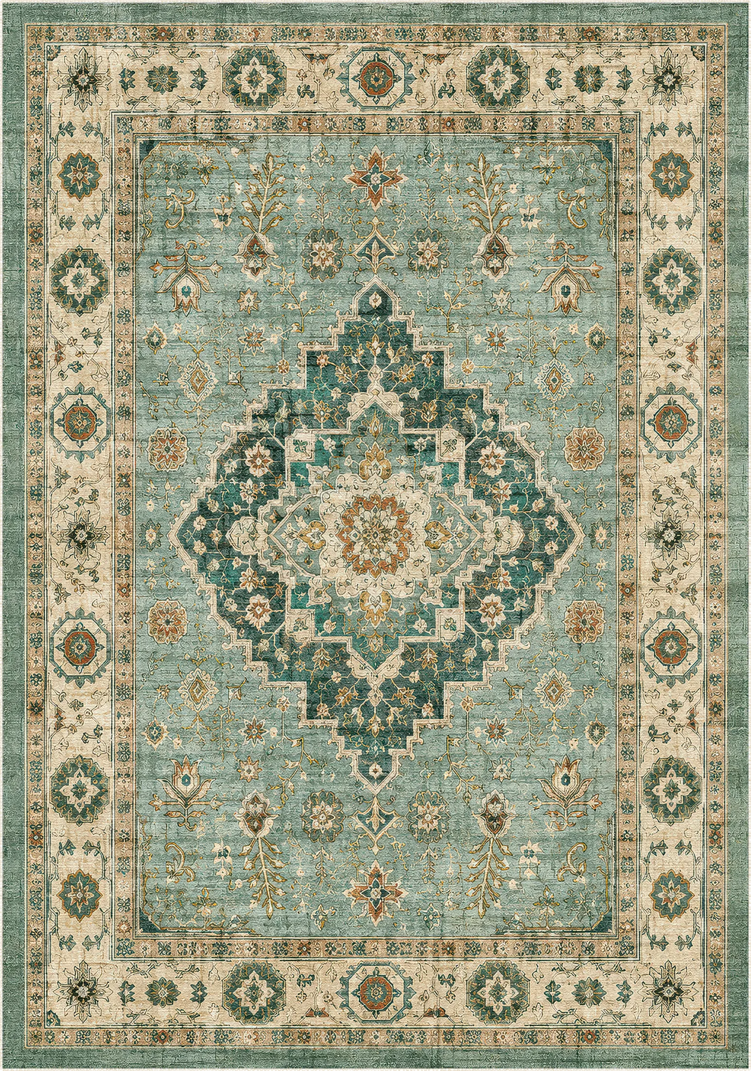 Vintage Sage Green Oriental Medallion Rug