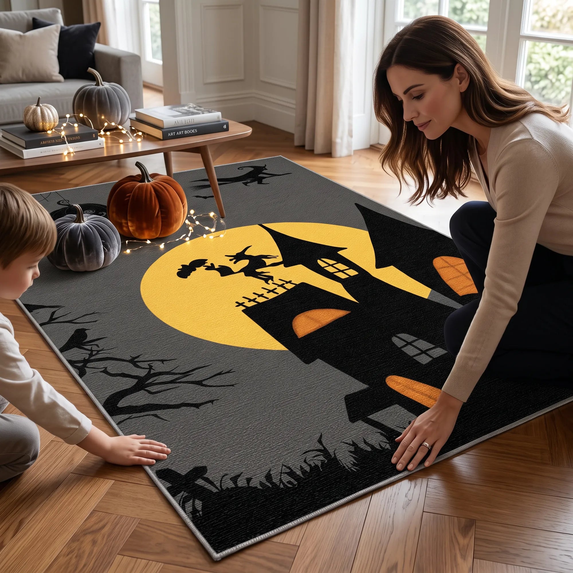 A woman and child are kneeling on a large Halloween-themed area rug in a bright living room. The rug features a black haunted house silhouette, bare trees, bats, and tombstones over a large yellow full moon, with small orange window details.