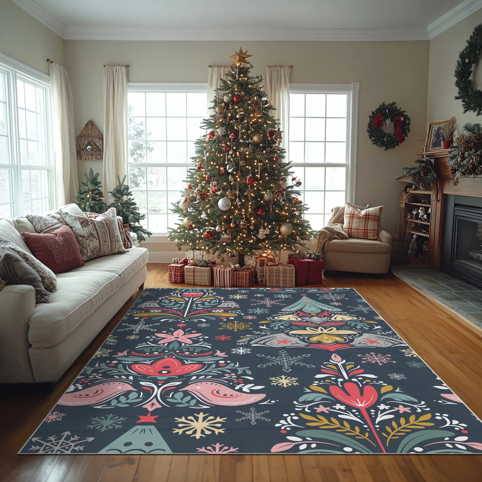 Washable Folk Art Christmas Tree Rug