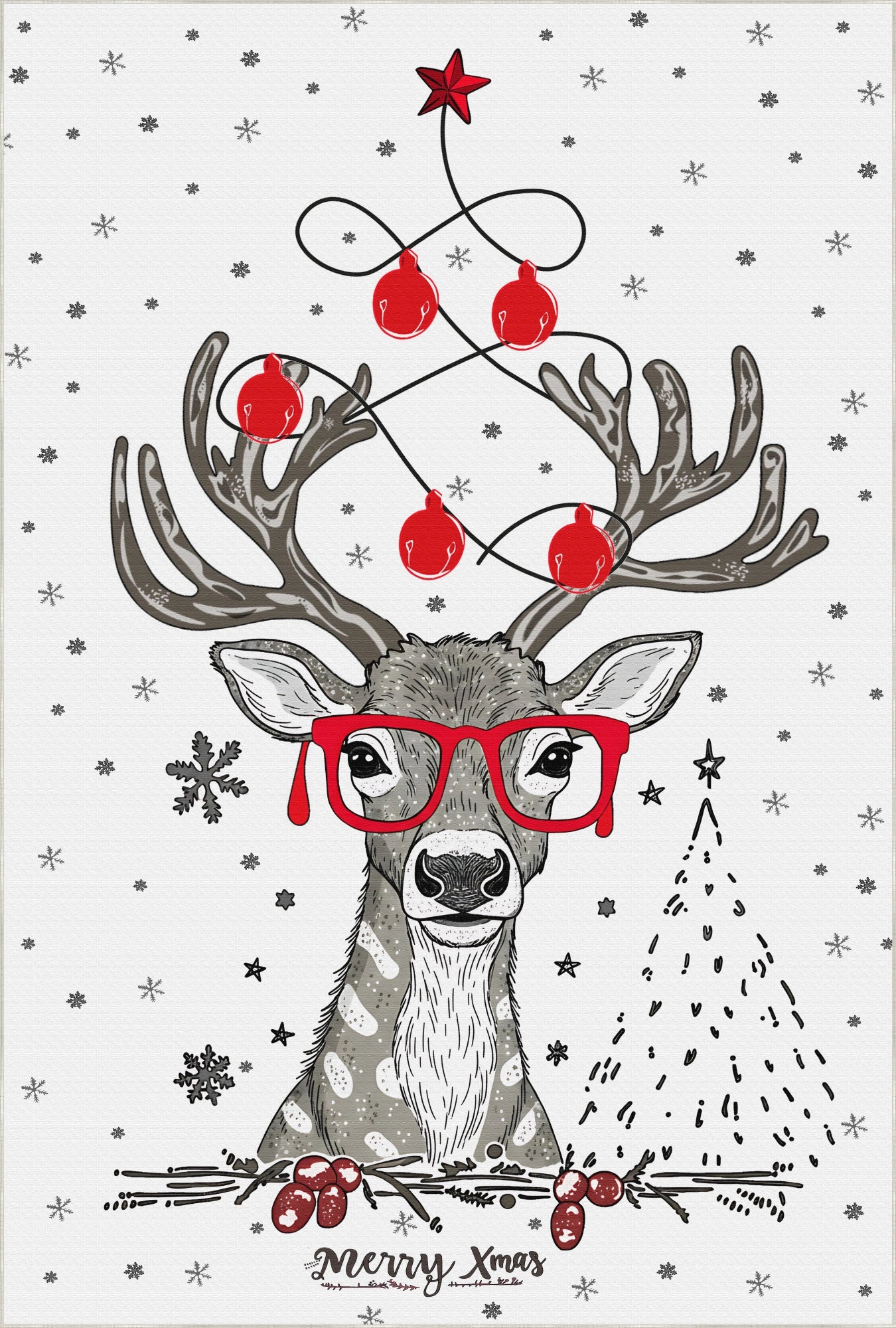 Merry Xmas Eyeglass Reindeer Washable Rug