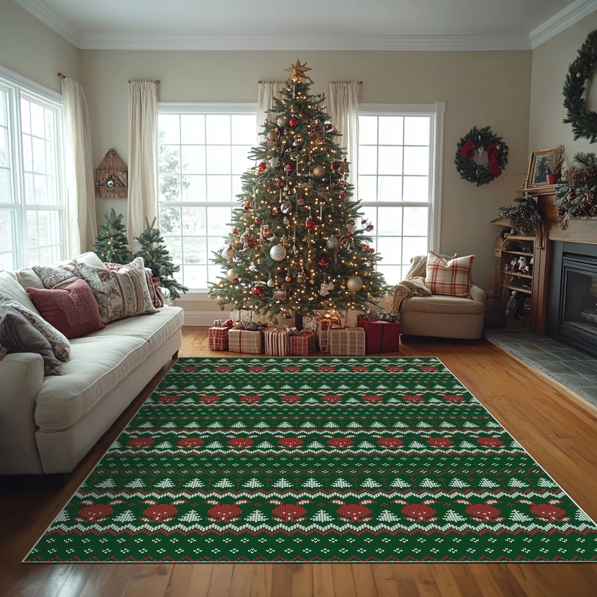 Reindeer Pine Tree Christmas Rug