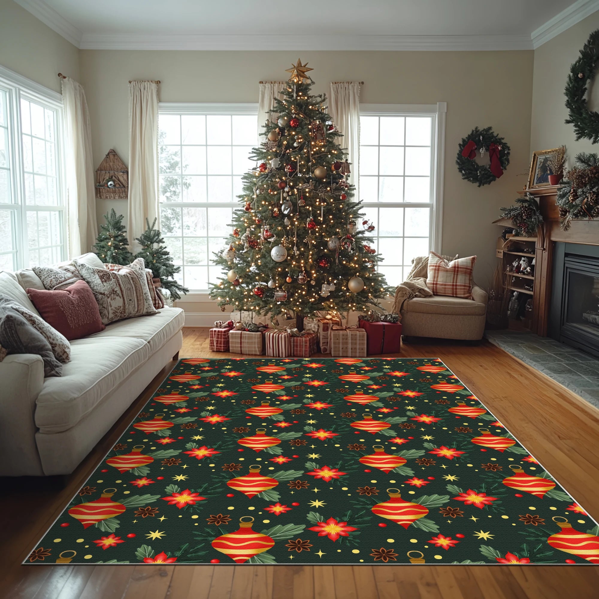Christmas Bauble Floral Washable Rug