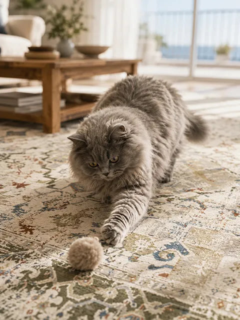A British longhair cute cat plays with ball on a pet friendly green rug. A coffee table and ocean view at the behind.